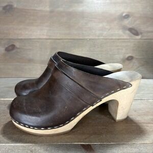 swedish hasbeens womens size 37 shoes brown leather heeled comfort clogs